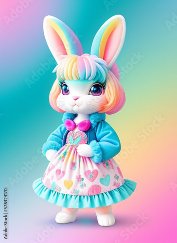 Happy easter with rabbit, bright plush rabbit, flowers background, Generative AI Art Illustration 05