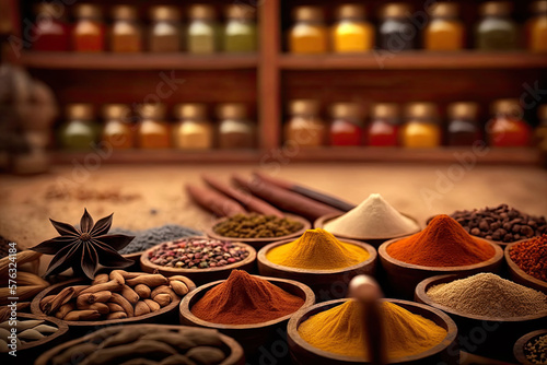 Close up to spices in spice market as background. Banner with copy space for advertising