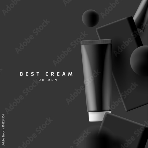 Composition of black dynamic tubes of cream with a black box and dark 3d balls on a dark background. For cosmetics and pharmaceutical products packaging design template.
