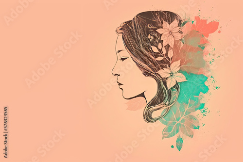Beautiful female profile. Pretty woman with a cute hairstyle with flowers on colored background. Generative AI