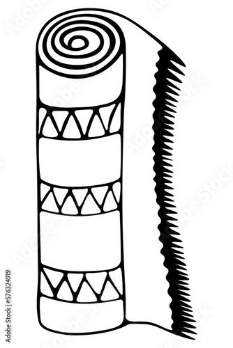 Rug in doodle style. The carpet is placed on its side, rolled up. Sketch. Floor covering with zigzag pattern and fringe. The floor mat is twisted. Vector illustration. Coloring book for children. 