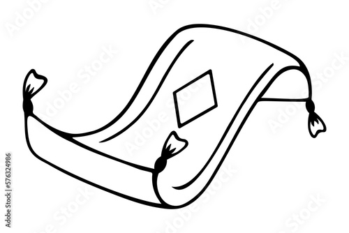 Flying carpet. Sketch. The floor covering is decorated with a rhombus. Wobble floor mat with tassels at the ends. Rug in doodle style. Vector illustration. Coloring book. 