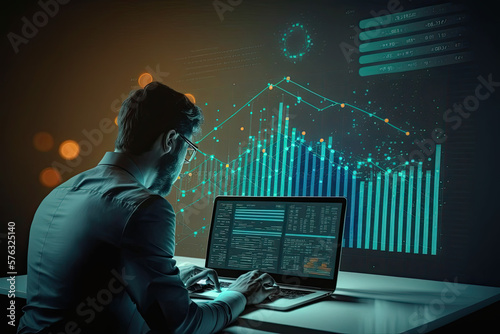 Businessman in suit holding laptop with data visualization popping up, the concept of marketing, sales, advertising, branding, finance, management, leadership, strategy, innovation, customer, service