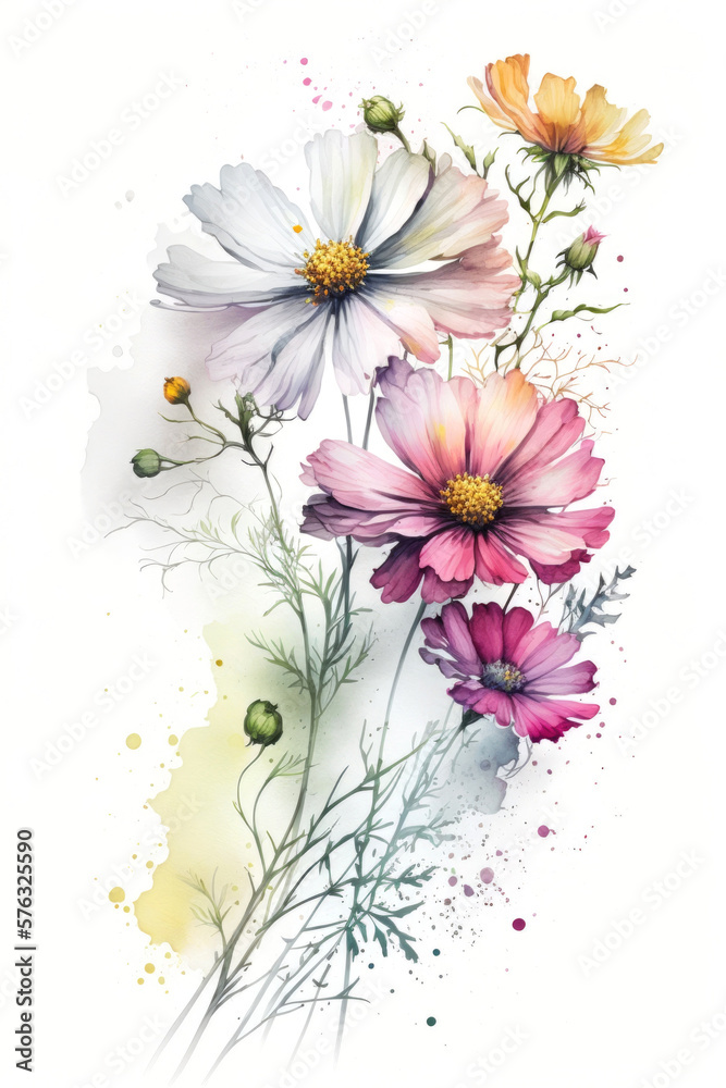 Obraz premium Cosmos flowers watercolour Generative AI
