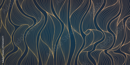 Vector abstract luxury golden wallpaper, wavy line art background, dynamic ribbons. Line design for interior design, textile patterns, textures, posters, package, wrappers, gifts etc. Japanese style.