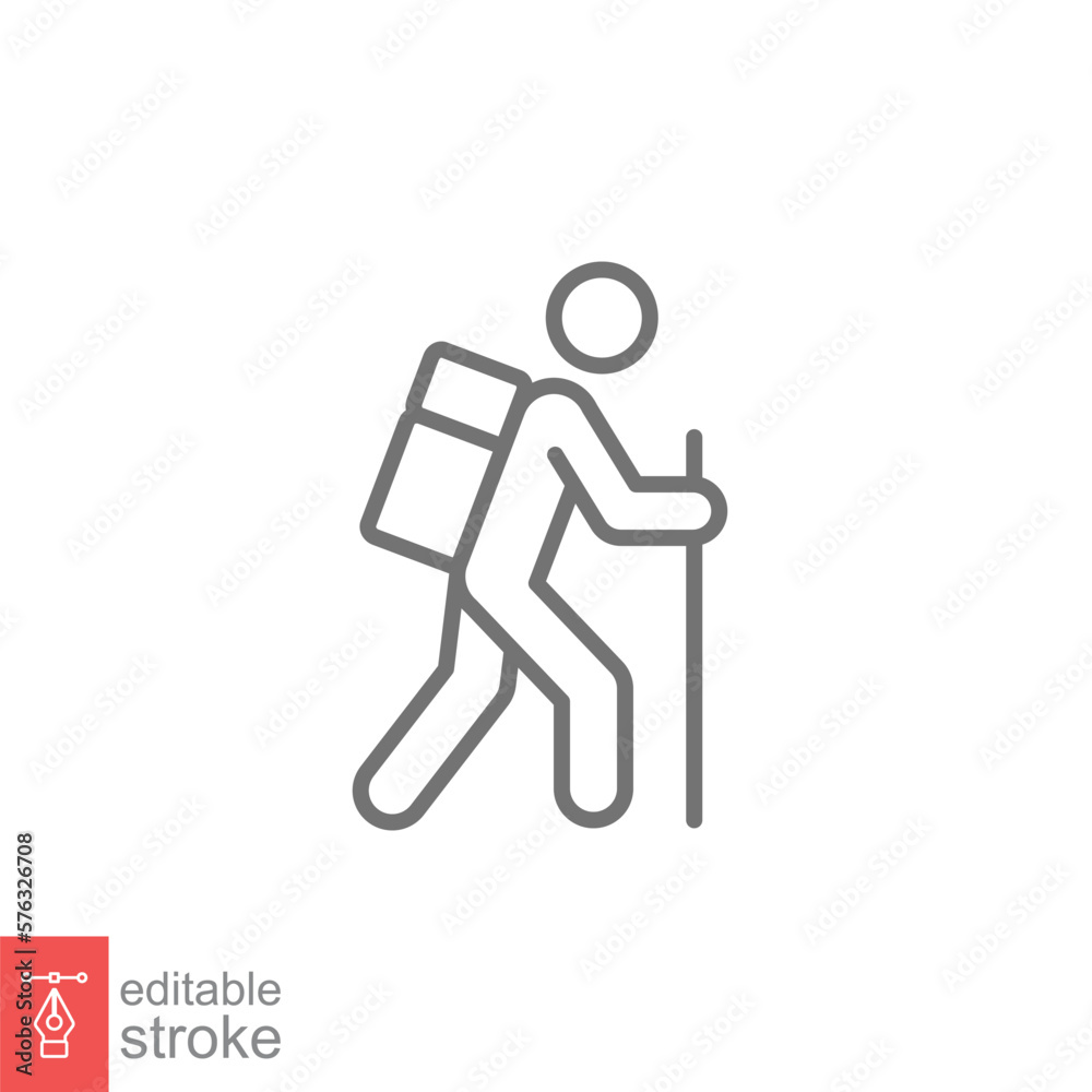 Hiking line icon. Simple outline style. Activity, nature, trekking, walk, adventure concept design element. Vector illustration isolated on white background. Editable stroke EPS 10. Hiking line icon. Simple outline style. Activity, nature, trekking, walk, adventure concept design element. Vector illustration isolated on white background. Editable stroke EPS 10.
