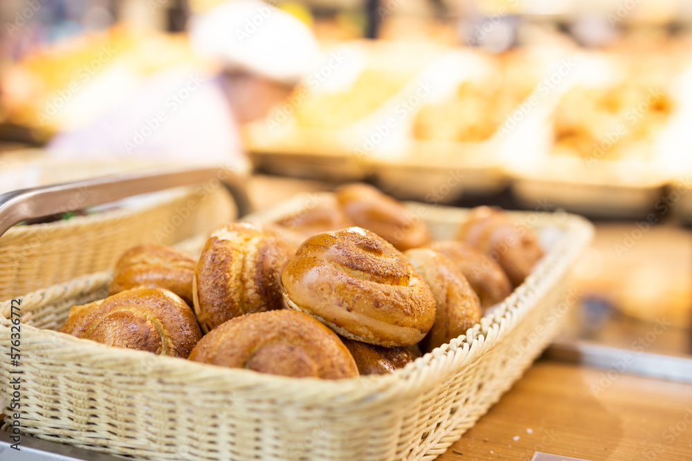 delicious fresh butter buns in baskets in bakery delicious fresh butter buns in baskets in bakery