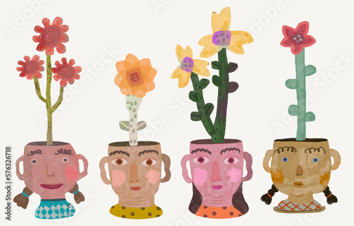 Flowers in kid heads. watercolor painting vector illustration. boy, girl and nature. conceptual artwork of dream,hope, mind, education