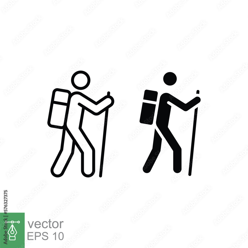 Hiking line and glyph icon. Simple outline and solid style. Activity, nature, trekking, walk, adventure concept design element. Vector illustration isolated on white background. EPS 10. Hiking line and glyph icon. Simple outline and solid style. Activity, nature, trekking, walk, adventure concept design element. Vector illustration isolated on white background. EPS 10.