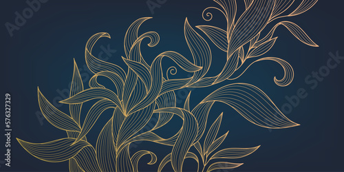 Vector art deco luxury flower line pattern, golden background. Hand drawn wavy plants for packaging, social media post, cover, banner, creative post and wall arts. Japanese style
