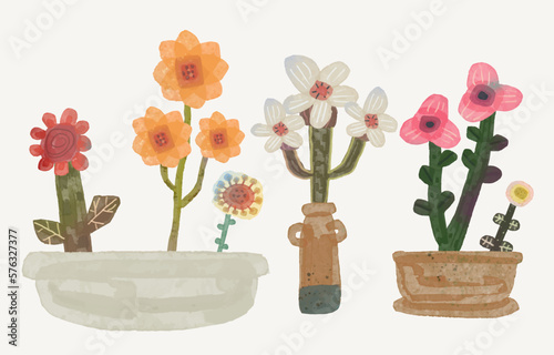 Watercolor flowers in vase and pot, vector illustration collection. cute nature. isolated on white background, hand drawn floral