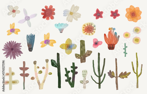 Watercolor flowers and leaf, vector illustration collection. cute nature. isolated on white background, hand drawn
