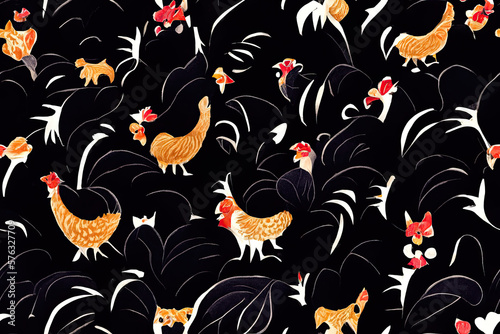 Rooster and Chicken seamless pattern. domestic farm birds hand drawn watercolor illustration