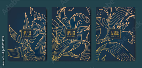 Vector japanese leaves art deco patterns. Floral golden elements template in vintage style. Luxury black line covers, flyers, brochures, packaging design, social media post, banners.