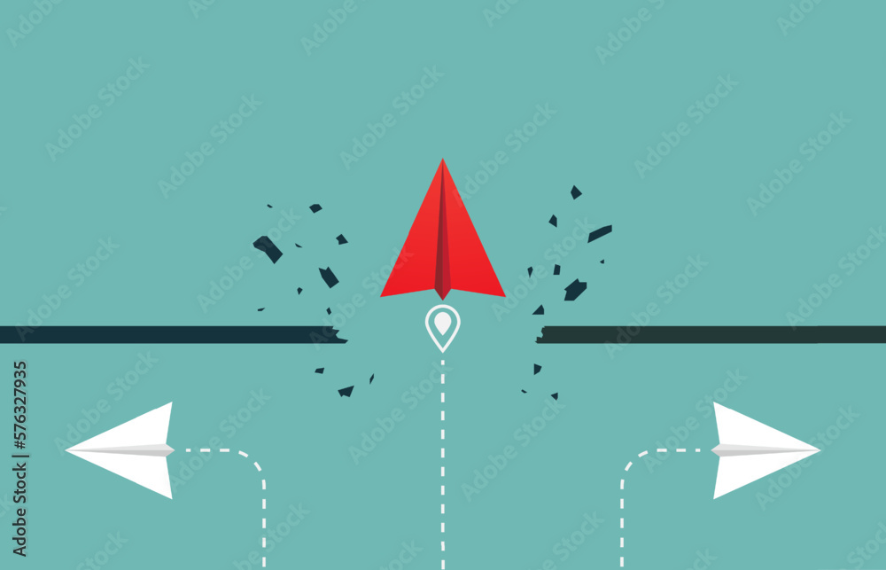 © Diki - Overcoming obstacles, barrier, target, goal with red paper plane breaking through obstacle when the others paper plane don't. Business solution or leadership and effort for growth and success