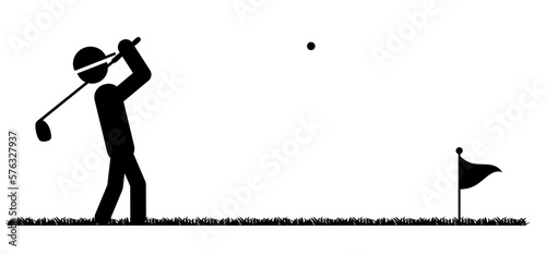 Stickman, stick figure man with golf stick. Golf player and golf course icon. Golf club with a ball silhouette. Sportsman hitting ball with niblick to hole and flag.