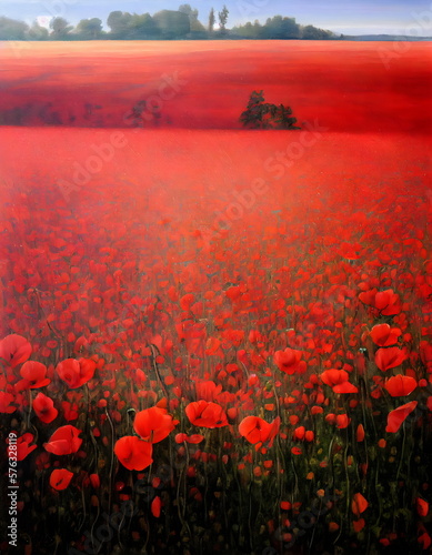 renaissance oil painting of field of red poppies made with generative ai
