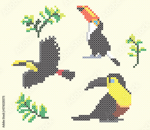 Cross Stitch Vector Element Bird Toucan Embroidery