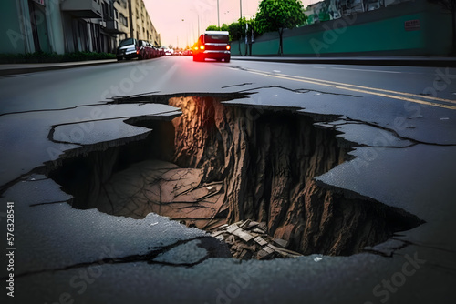 Huge sinkhole on busy asphalt road surface on which cars drive. Accident situation on a city street due to cracks in asphalt. Broken hole filled with muddy water. Generative AI photo