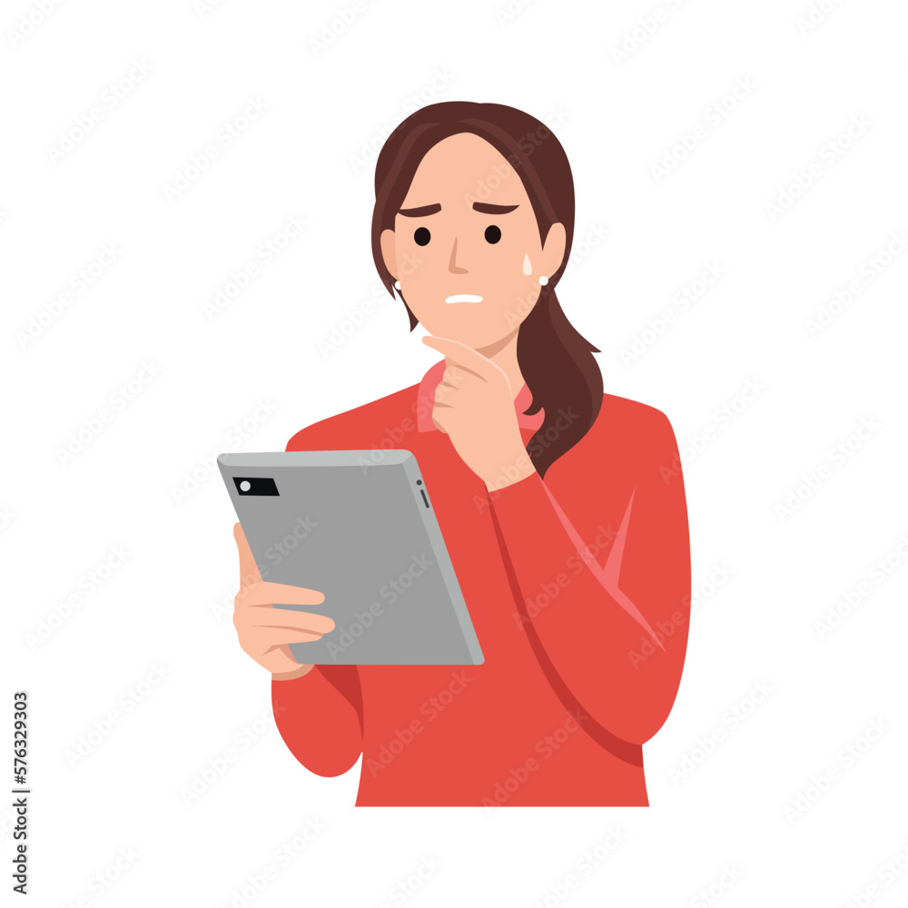 Young womanis using a touch pad tablet portable computer. Young woman holds touch pad and thinks. Worried afraid and scared emotion. Flat vector illustration isolated on white background Young womanis using a touch pad tablet portable computer. Young woman holds touch pad and thinks. Worried afraid and scared emotion. Flat vector illustration isolated on white background