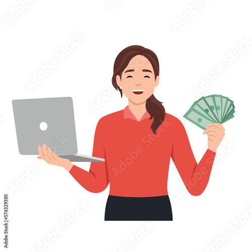 Young woman making money in internet concept. Winning plenty of money in social media on laptop. Holding cash. Flat vector illustration isolated on white background