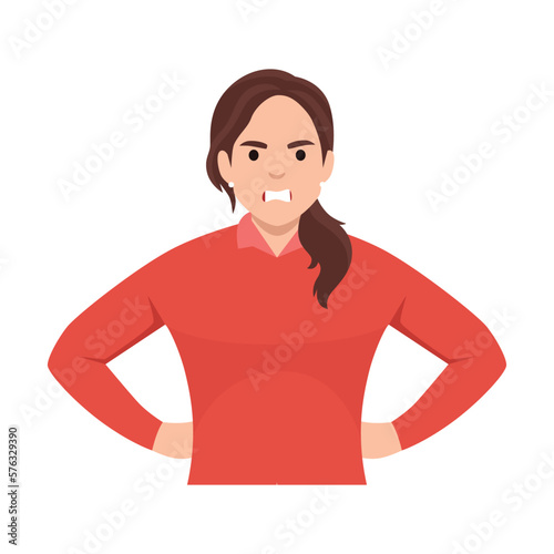 Offended woman sulking and expressing angry emotion. Frustrated female character with unhappy face expression with hands on hips. Flat vector illustration isolated on white background