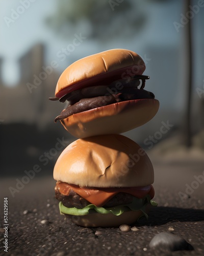 Burger over a burger on a road. Gernative AI photo