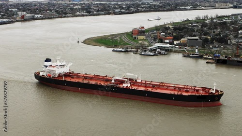 Aerial of Freighter on Mississippi River at New Orleans, United States 4k