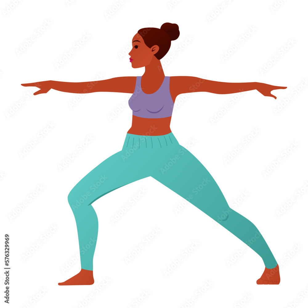 Girl Doing Yoga Exercise, Warrior 2 Pose or Virabhadrasana II, Slim Sporty Young Woman Practicing Warrior Pose Yoga Pose Flat Style Vector Illustration Girl Doing Yoga Exercise, Warrior 2 Pose or Virabhadrasana II, Slim Sporty Young Woman Practicing Warrior Pose Yoga Pose Flat Style Vector Illustration