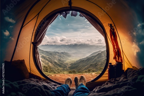 view from inside tent with sleeping bags on mountain hill