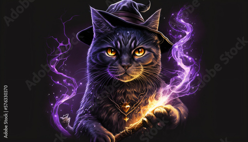 Magical Hat wizard cat illustration generative ai photo