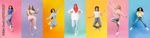 Nice Offer. Group Of Happy Excited Women Jumping Over Colorful Backgrounds