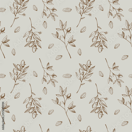 Seamless pattern with cocoa plant. Hand drawn illustration of cocoa beans, leaves, cocoa tree. Floral motif, repeating background. Ornament in brown and gray colors