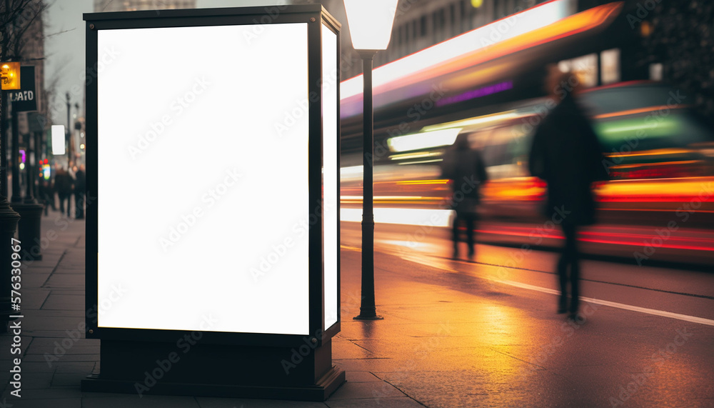Blank billboard in bus stop at night with the lights of the cars passing by, great copy space for your design, image ai midjourney generated