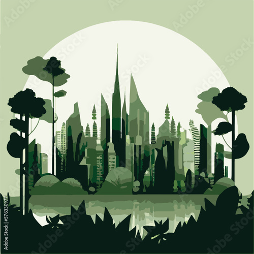 Eco City. Panorama of the Green City. Environmental concept. Vector illustration