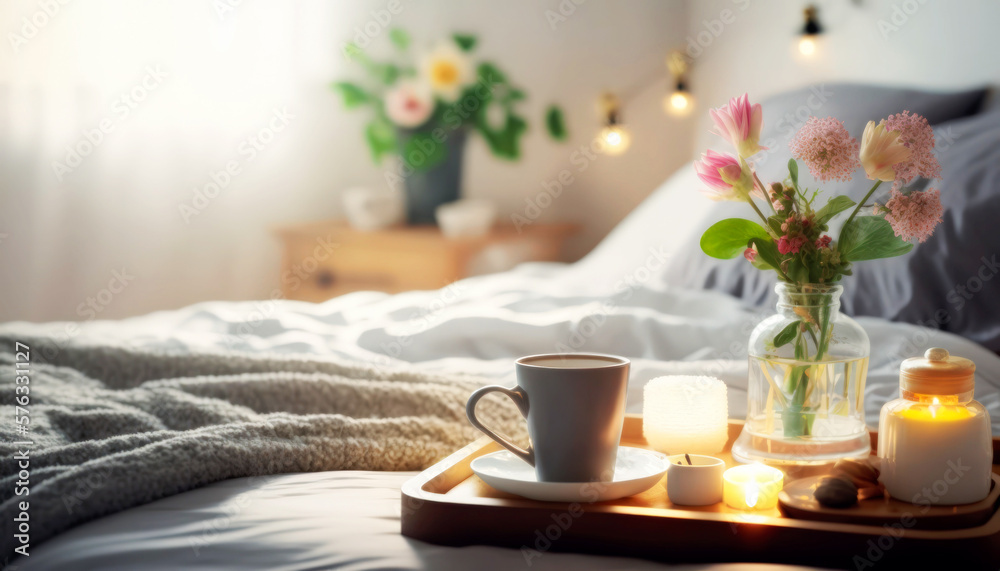 Perfect Bright Morning - Breakfast in bed with coffee, croissants, tea, orange juice and fruits on tray Breakfast, Hotel, Bed - Furniture, Hotel Room, Couple, Romantic, Perfect Morning. Generative AI