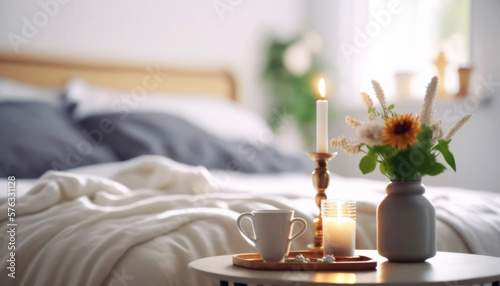 Perfect Bright Morning - Breakfast in bed with coffee, croissants, tea, orange juice and fruits on tray Breakfast, Hotel, Bed - Furniture, Hotel Room, Couple, Romantic, Perfect Morning. Generative AI