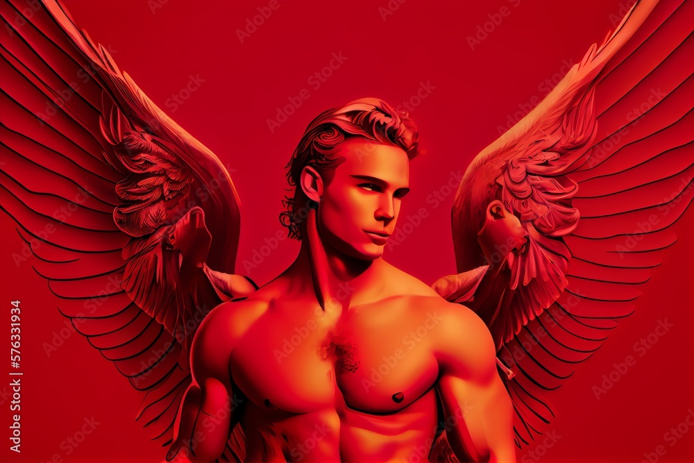 A Handsome Cupid God Of Love With Wings Against A Red Background. Generative AI - obrazy, fototapety, plakaty 