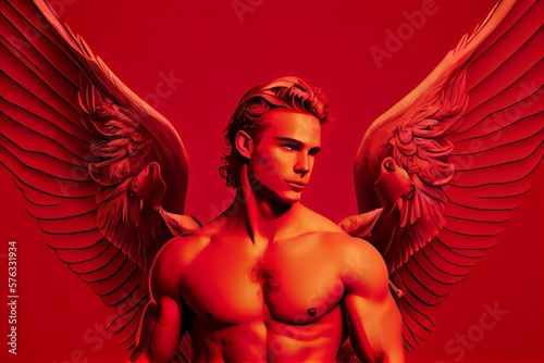 A Handsome Cupid God Of Love With Wings Against A Red Background. Generative AI photo