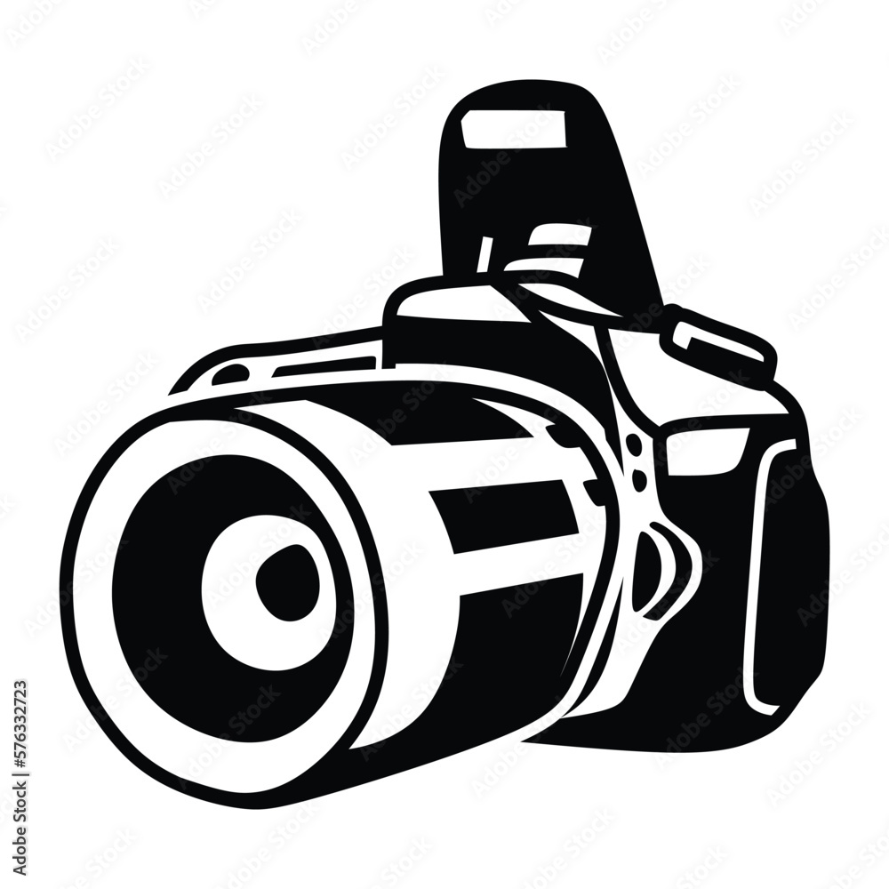 camera logo, flash open, with standard lens, facing left, line art ...