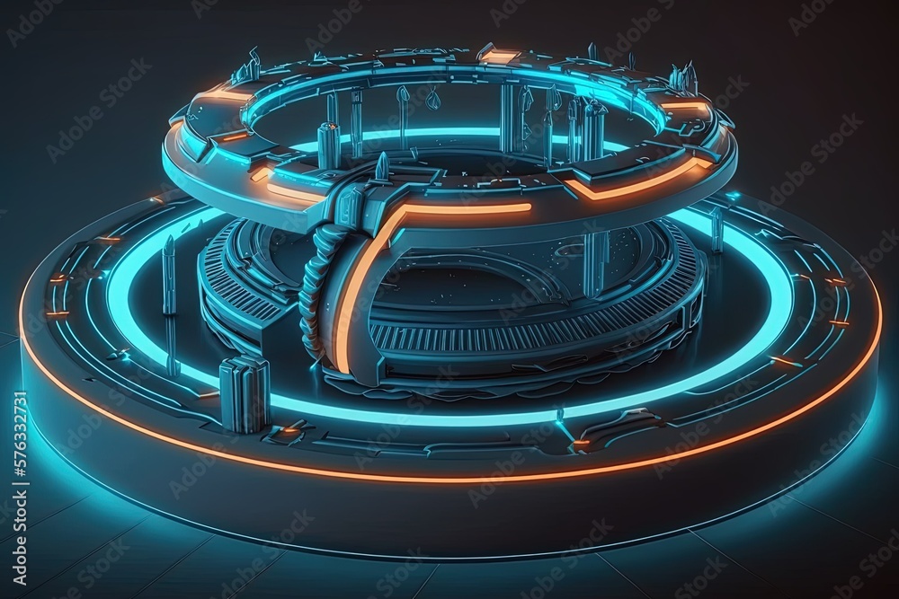 Obraz premium A futuristic platform set against a big luminous neon loop sircle. Generative AI