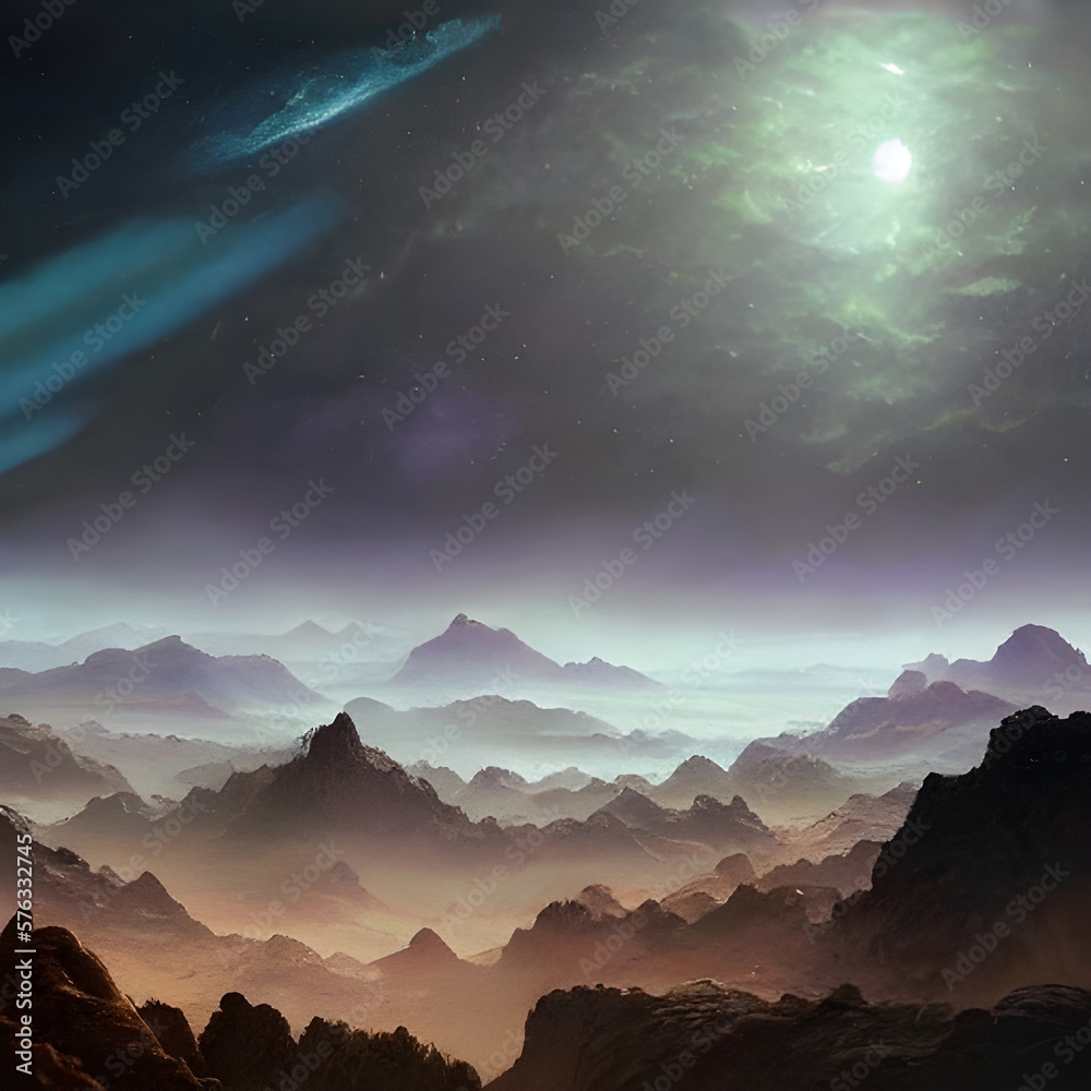 Extraterrestrial landscape, scenery of alien planet in deep space. AI generated illustration