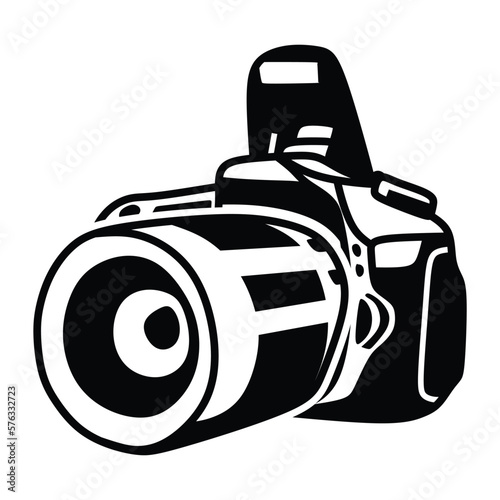 camera logo, flash open, with standard lens, facing left, line art