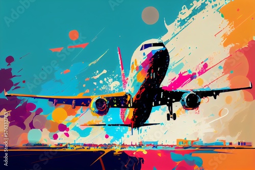 Abstract Art. Colorful Painting Art Of A Modern Airplane Landing At The Airport. Background Illustration. Generative AI