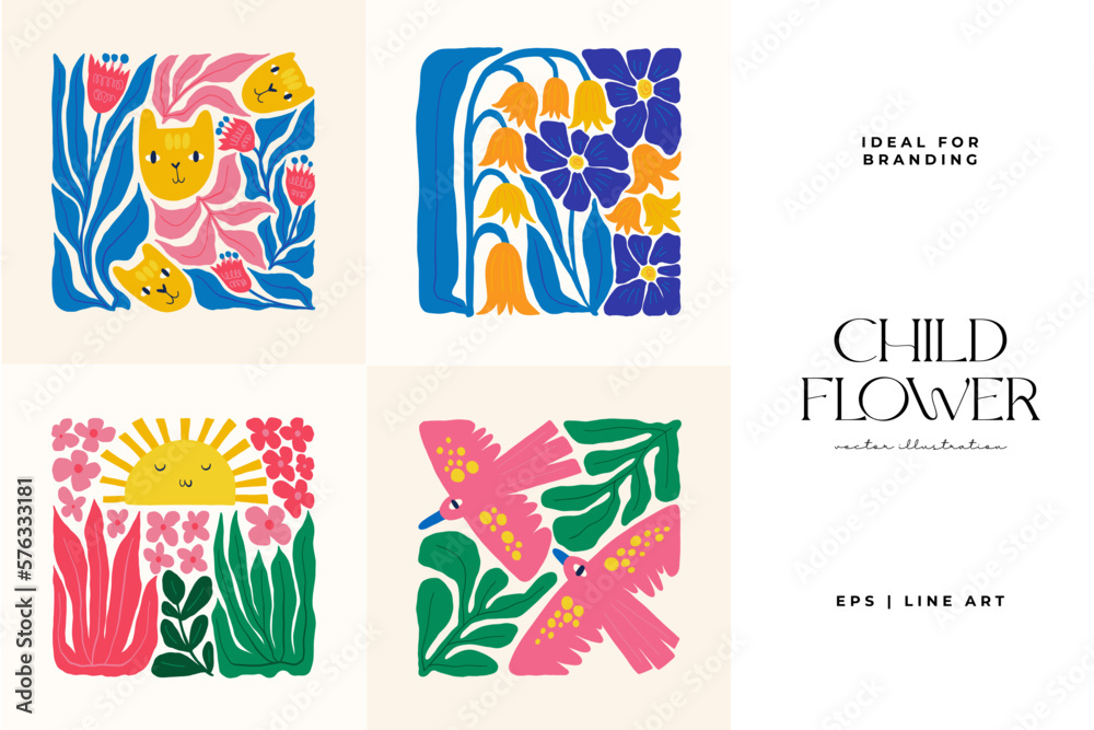 Floral abstract elements. Botanical composition. Modern trendy Matisse minimal style. Floral poster, invite. Vector arrangements for greeting card or invitation design