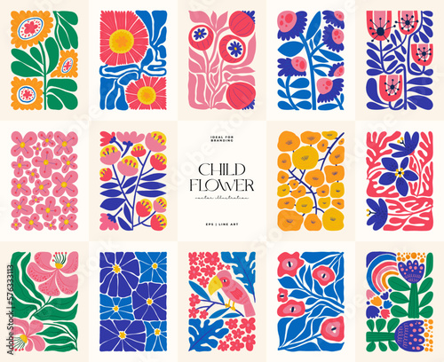 Floral abstract elements. Botanical composition. Modern trendy Matisse minimal style. Floral poster, invite. Vector arrangements for greeting card or invitation design