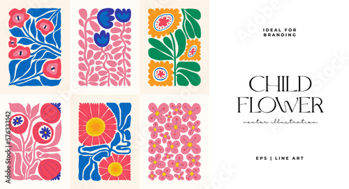 Floral abstract elements. Botanical composition. Modern trendy Matisse minimal style. Floral poster, invite. Vector arrangements for greeting card or invitation design
