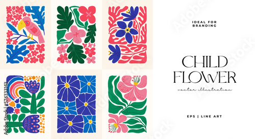 Floral abstract elements. Botanical composition. Modern trendy Matisse minimal style. Floral poster, invite. Vector arrangements for greeting card or invitation design