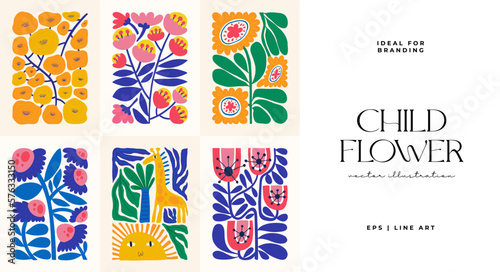 Floral abstract elements. Botanical composition. Modern trendy Matisse minimal style. Floral poster, invite. Vector arrangements for greeting card or invitation design