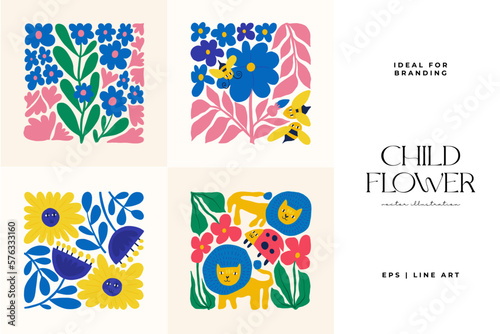 Floral abstract elements. Botanical composition. Modern trendy Matisse minimal style. Floral poster  invite. Vector arrangements for greeting card or invitation design